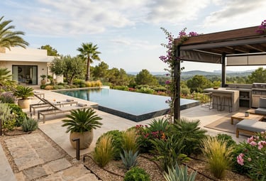 Luxury villa terrace with an infinity pool, outdoor kitchen, and scenic Mediterranean views.