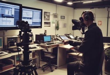 A person with long hair tied back operates music production equipment, including an AKAI MPC and a laptop, in a studio setting. Additional equipment like a turntable and speakers are visible, with various items such as a jar and pens placed on a desk.