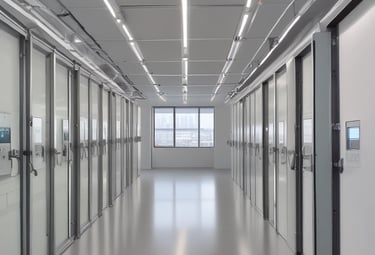 A modern architectural interior featuring multiple levels with metallic railings and a large glass ceiling. Suspended decorative elements hang from above, and various floors of retail stores are visible, including recognizable brand signs.