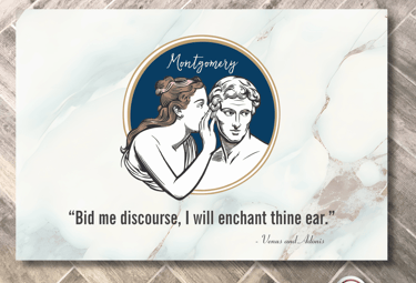 Personalized marble-style doormat showcasing Venus and Adonis with an enchanting Shakespeare quote.