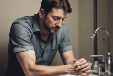 A person with messy, light brown hair is looking directly at the camera with their hand covering their mouth, appearing to bite their nails. They have an expression that suggests anxiety or stress, with furrowed brows and an intense gaze. The background is plain and neutral.