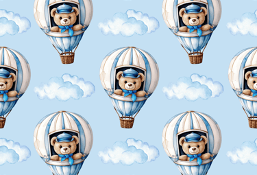 a teddy bear in a blue sky with clouds