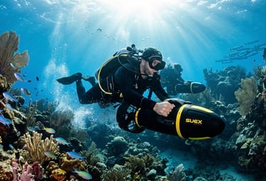 A scuba diver in full gear accelerating through a coral reef on a black SUEX DPV during a PADI Diver