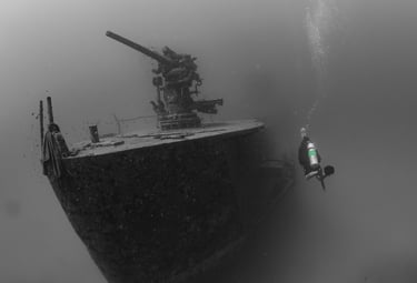 A technical scuba diver uses Nitrox to explore the bow gun of the HTMS Sattakut wreck during an Enri