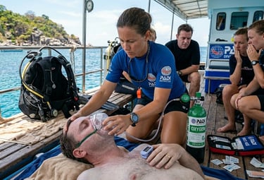 A PADI instructor provides emergency oxygen to a diver during a rescue course on a dive boat.