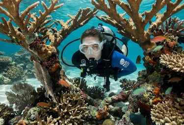 A female scuba diver swims through a vibrant coral reef arch surrounded by tropical fish.