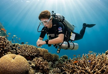 A scuba diver explores a vibrant coral reef with tropical fish under bright ocean sunbeams.