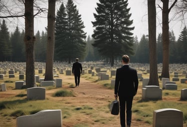 im hintergrund ist ein wald friedhof zu sehen. ein mann in einem schwarzen anzug und einer mappe