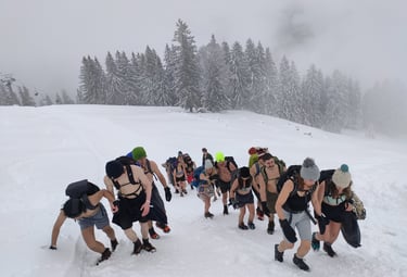 Eine Gruppe von Menschen auf einer Bergwanderung, angeleitet von einem Wim Hof Instruktor