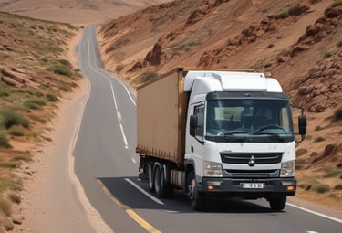 An orange Isuzu truck with a large container on its back is driving on a highway. The truck has signage indicating 'K.B Logistics' and contains decorative elements on the front. The container is mostly blue with white text and appears to be used for transporting goods. The highway is surrounded by greenery, with trees and bushes visible in the background. It's a bright day with clear visibility.