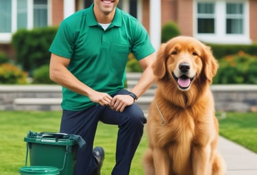 A red outdoor waste bin situated on a grassy area, with a black plastic bag lining the top. The bin features a sign illustrating a person disposing of waste alongside a dog, indicating it is for dog waste. The background is slightly blurred, showing green trees and a blue sky.