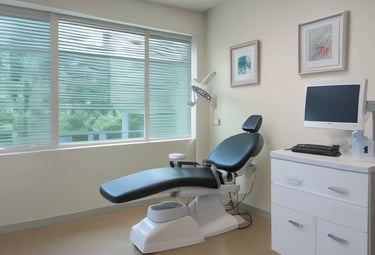 A clean and modern dental office with a dental chair, stools, and various dental equipment in shades of white and teal. The room features a framed artwork, some potted plants, and a bench along one wall. The environment is well-lit with overhead lighting, and there are multiple cabinets and drawers for storage.