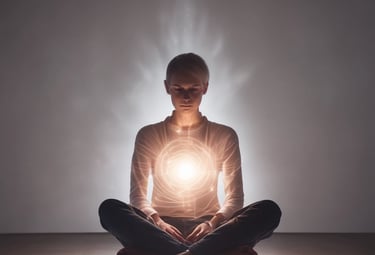 A man and a woman are engaged in a ritual or meditative practice outdoors. The man uses a pipe or instrument directed towards the woman, who holds it to her nose. Both have long hair and the woman has extensive arm tattoos. Brightly colored earrings and bracelets like wristbands are visible. The background features lush greenery and what seems to be decorative natural elements, suggesting a tranquil or ceremonial setting.