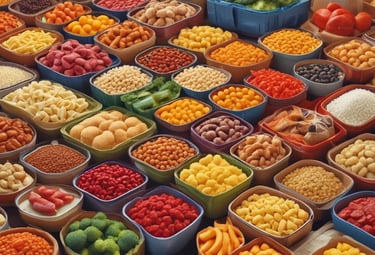 A vendor in a bustling market hands a GrabFood delivery bag to a person wearing a GrabFood uniform. The stall is filled with various jars and bottles, suggesting it sells condiments or sauces. The vendor is smiling, and the setting is lively with numerous products displayed around the stall.