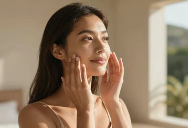 A serene, elegant North American / Californian woman in her late 20s to early 30s, captured in a soft, natural mid-shot. Her radiant, healthy skin and gentle expression convey a sense of inner peace and vitality. She is subtly engaging in a self-care moment, perhaps gently touching her face or looking thoughtfully towards a natural light source. The composition emphasizes natural beauty and a sophisticated, inviting aesthetic. The lighting is soft, warm, and natural, like diffused golden hour light, highlighting her features without harsh shadows. The background is softly blurred, hinting at a bright, minimalist Californian interior or a lush, natural outdoor setting, using earthy tones and natural textures. The overall style is high-quality, clean, and elegant.