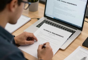 Close-up of precise technical drawings and drafting tools on a clean desk.