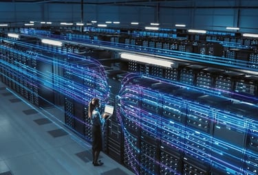 a man standing in a server room with a large amount of data and data