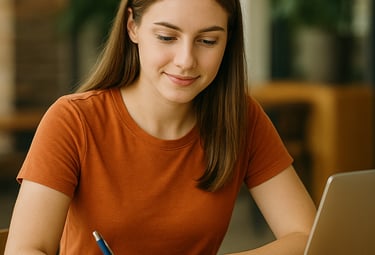a woman sitting at a desk with a laptop and a notebook
