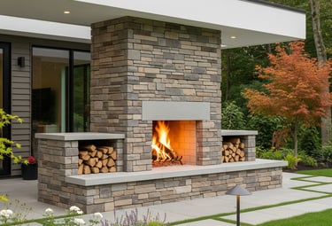 a fireplace with a fire place in the middle of a patio