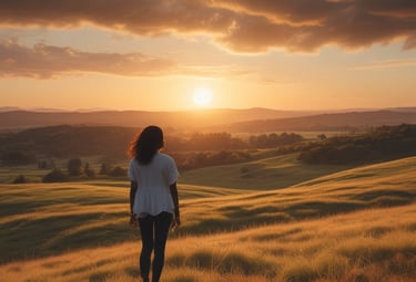 A person is practicing yoga outdoors, seated on a wooden platform with legs crossed and arms intertwined, performing a yoga pose. The background features lush greenery and trees, creating a tranquil natural setting.