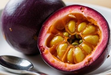 a passion fruit on a plate with spoons