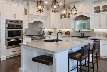 An indoor space under renovation, featuring a bar counter with various construction materials and tools scattered around. The walls are decorated with floral wallpaper. Multiple pendant lights hang from the ceiling, casting a warm glow. A ladder and several cardboard boxes are visible in the background.