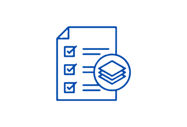 Blue glowing document icon with checked boxes and a stacked layer symbol representing data management.