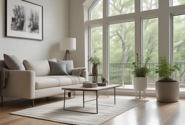 A tidy, elegant office space with deep teal accents and golden light.