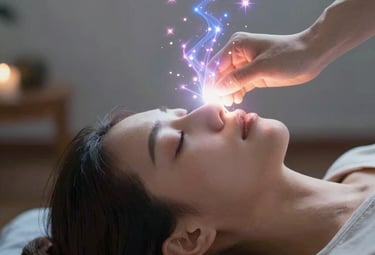 Close-up of colorful energy stones and delicate jewelry arranged on a soft white cloth.
