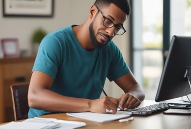 Close-up of hands filling out FAFSA forms with a laptop and notes nearby.