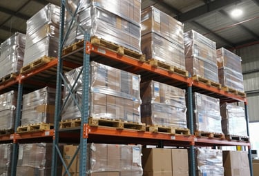 Warehouse shelves filled with organized plastic packaging products ready for shipment.