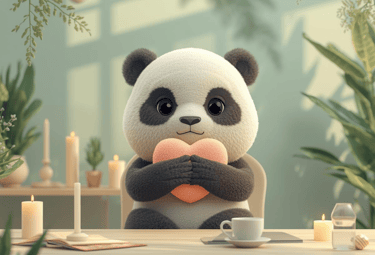 Mindy the mindful panda sitting around a desk hugging a heart