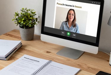 Google Meet online French language lesson with interactive vocabulary slides for transportation.
