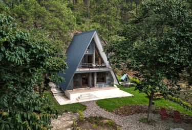 a house with a triangular shaped roof and a large tree