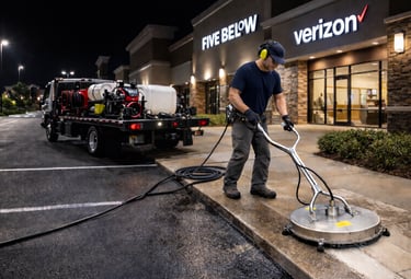 Professional commercial pressure washing technician cleaning a shopping center sidewalk.