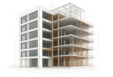 Architekturskizze eines modernen Skelettbaus