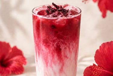 Iced hibiscus latte with red herbal tea swirls and coconut milk garnished with dried petals.