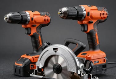 Modern electrical power tools such as drills and circular saws, displayed professionally against a clean, robust background. High contrast lighting highlighting the metallic and vibrant orange details.