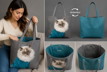Bolso tote reversible de lona gris con estampado de gatos esponjosos e interior de color azul cercet