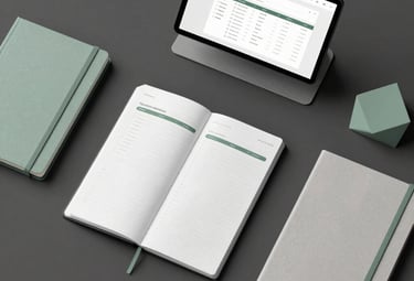 A digital tablet and open notebook organizer on a desk, showcasing productivity planning tools.