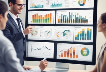 Image showing a professional presenting a business plan on a digital tablet to clients.