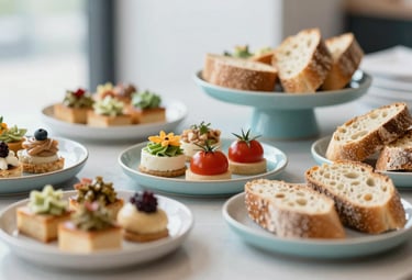A close-up of a sophisticated corporate catering spread, featuring fresh gourmet snacks and artisan bread, presented on clean ceramic dishes in a bright, modern setting with #B4C4B6 accents.