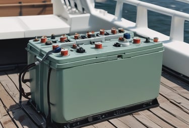 Boat battery installed on a small marine vessel, ready for use.