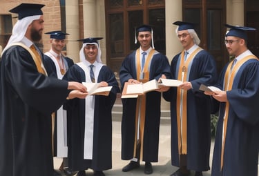 a group of men in graduation gowns standing in front of a building