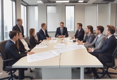 A diverse team collaborating around a table with charts and laptops.