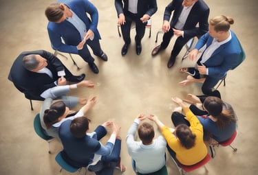 A diverse team collaborating around a table with charts and laptops.
