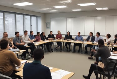 A diverse team collaborating around a table with charts and laptops.