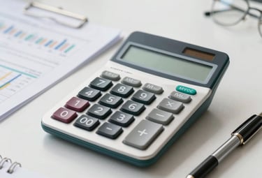 Close-up of hands calculating budgets with a calculator and financial documents.