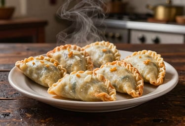 A professional food photography shot of fresh Bolivian salteñas on a rustic dark coffee wooden table. A warm, inviting South American / Brazilian / Bolivian kitchen setting with steam rising.