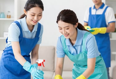 A neat office desk with organized supplies and a sparkling clean surface.